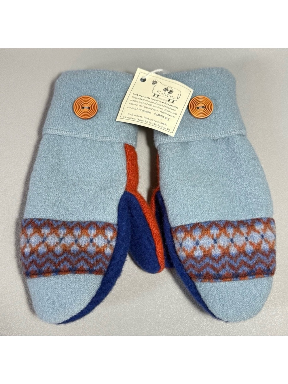 ReMitts Blue and Orange Recyled Felted Wool Knit Mittens NWT